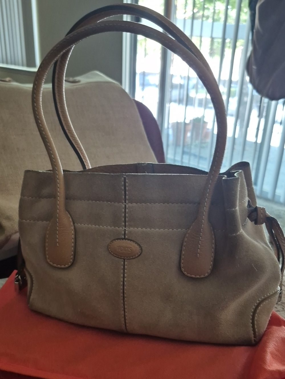 Tod's Taupe Suede and Brown Leather Handle Shoulder Bag